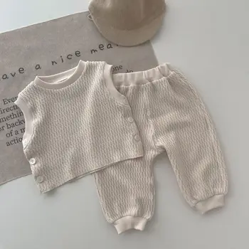 INS Style Baby Suit Button Casual Two-Piece Set Spring and Autumn Baby Quilted Knitted Vest Pants Sleeveless Two Piece Set