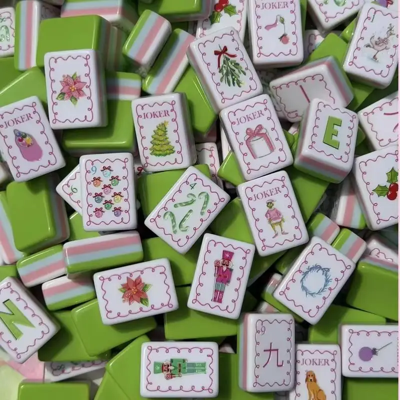 Custom Christmas American Mahjong Tiles 166 Pieces Holiday Poinsettia Holly Print Acrylic Portable Four-Layer Color Game