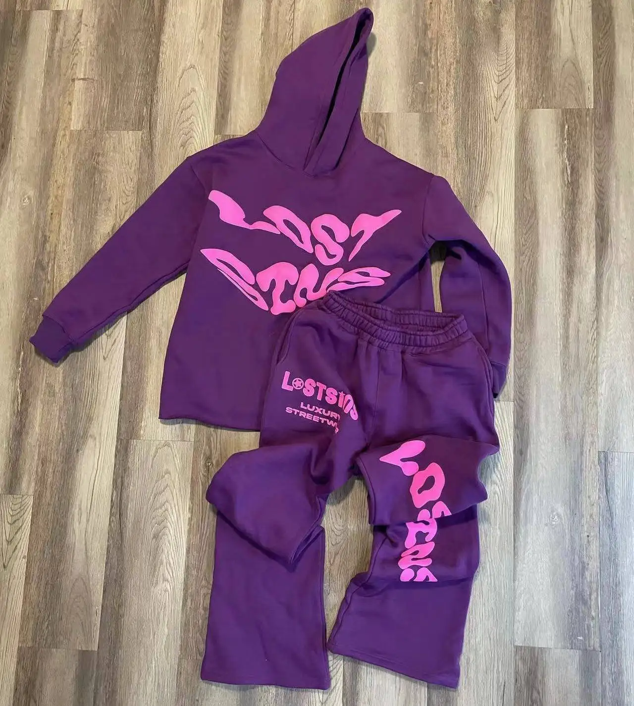 Raw Hem Hoodies and Flared Stacked Sweatpants Two Piece Tracksuit Set Custom Cotton 3D Puff Print Women Unisex Sweatsuit Men gallery 11
