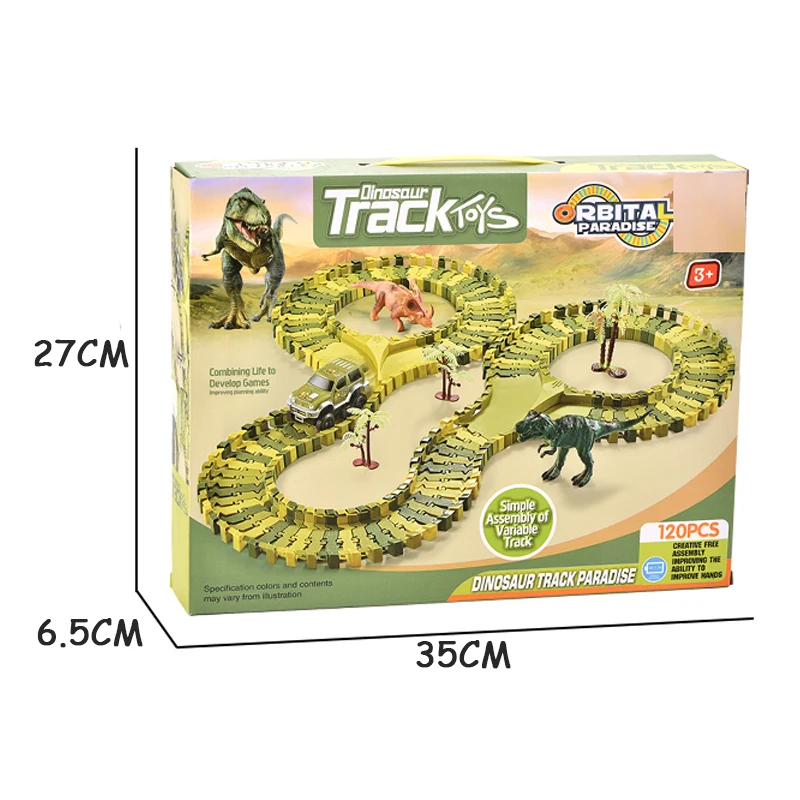 QS Customized Educational Children Toy 120PCS DIY Assembly Plastic Flexible Dinosaur Model  Slot Racing Rail Cars Track Toys