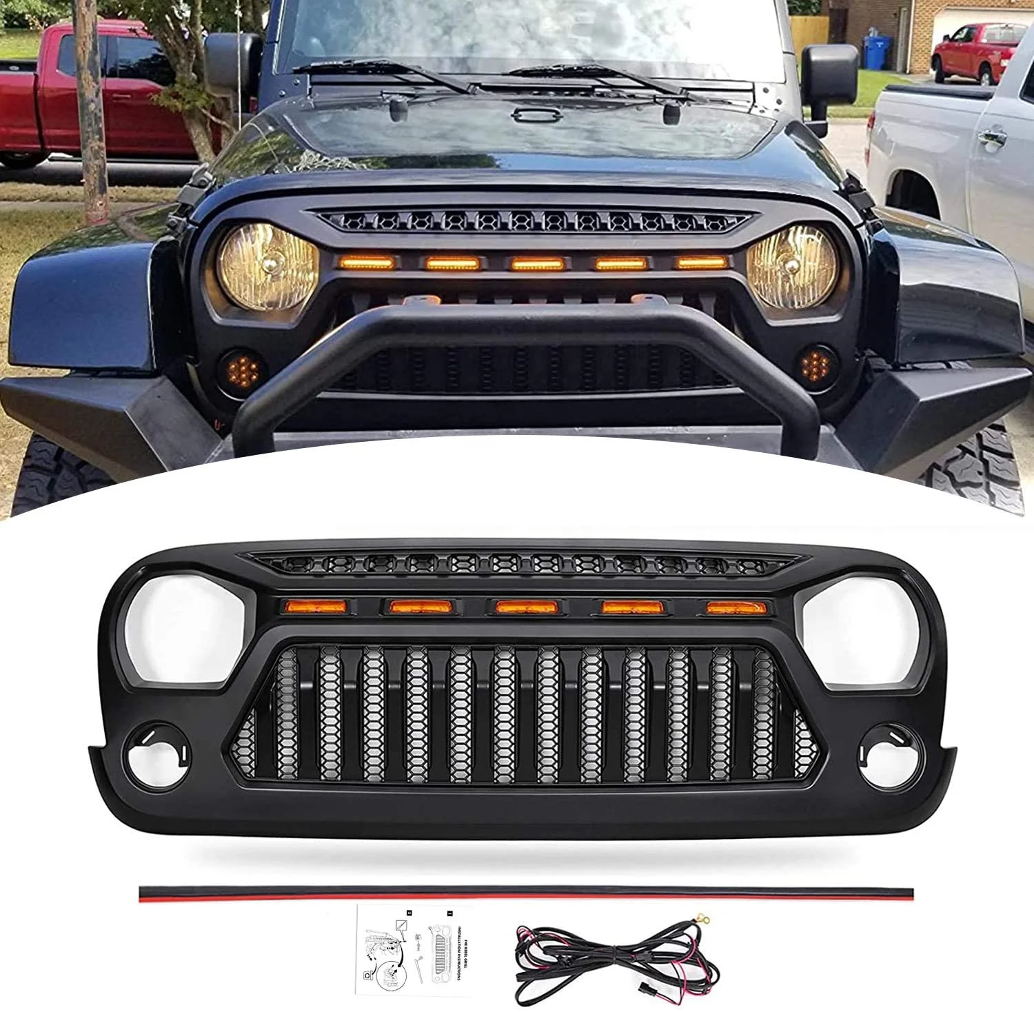 Grill For Jeep Wrangler Jk Accessories 2007-2018 Matte Black Angry Face  Grill With 5 Amber Lights For Jeep Rubicon Sahara Sport - Buy Front Grille  Mesh Grill With Amber Led Lights For