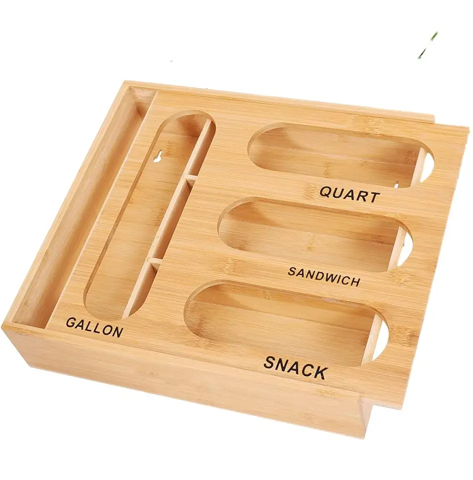 Eco-Friendly Bamboo Ziplock Bag Storage Organizer Kitchen Drawer Baggie Dispenser & Holder for Packaging
