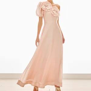 Custom Latest Design Puff Sleeve 3D Floral Casual Summer Clothing Pink Women Elegant Maxi Dresses