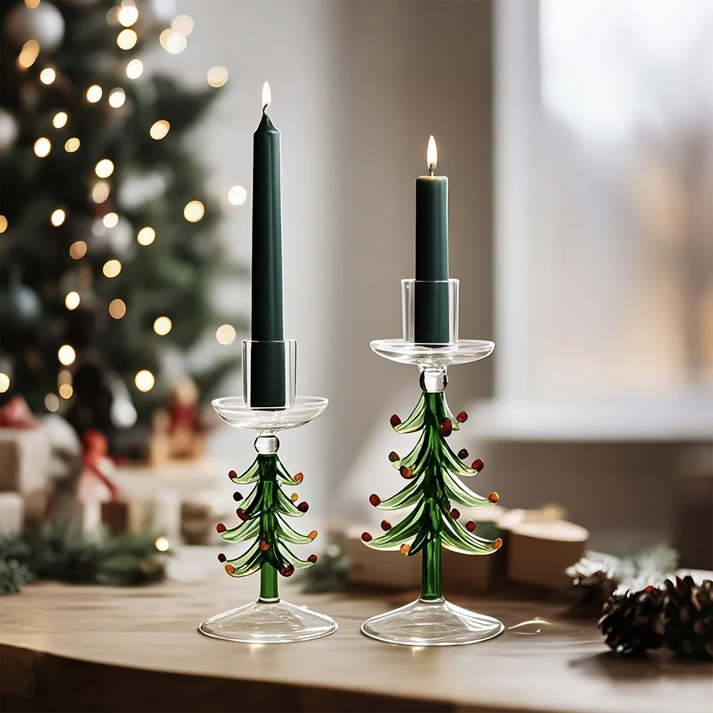 product 3d engraving crystal christmas themed glass candle holders with tree design transparent base for home decor table centerpieces-11