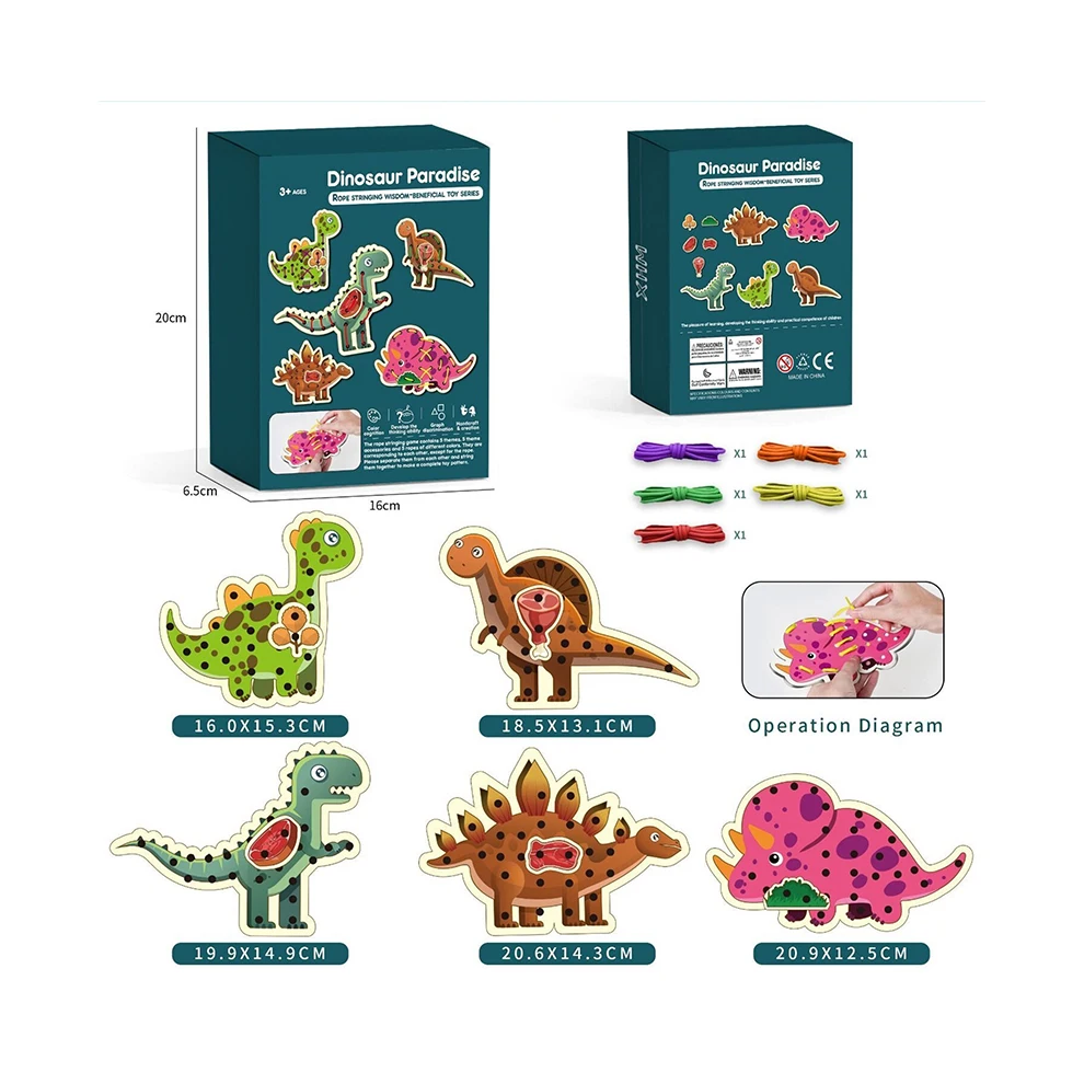 Dinosaur Stringing Wooden Toy for 2025 New DIY Toy String With 5 Ropes