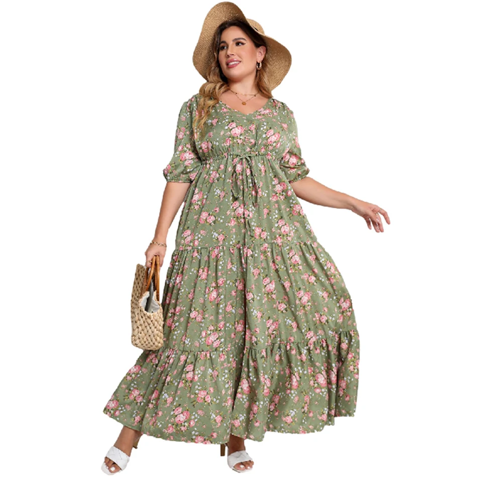 Abito Estivo da Donna Taglie Forti XL-5XL, Vestito Lungo Floreale a Maniche Corte Stile Africano Bohémien
