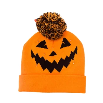 2024 New Customization Unisex Acrylic Knit Beanie Hat Orange Pumpkin Knit Halloween Hat with Led