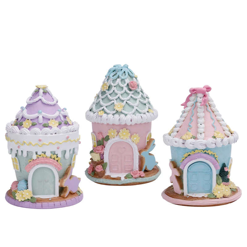 Redeco New Design Creative Easter Rabbit Cake House Figurines Cute Easter Bunny Ice Cream Resin House Spring Home Decoration