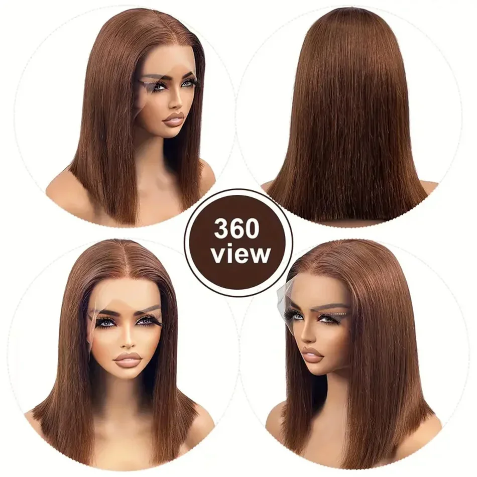 Chocolate Brown Short Bob Human Hair 13X4 Lace Wig Brazilian Remy_voghion.com