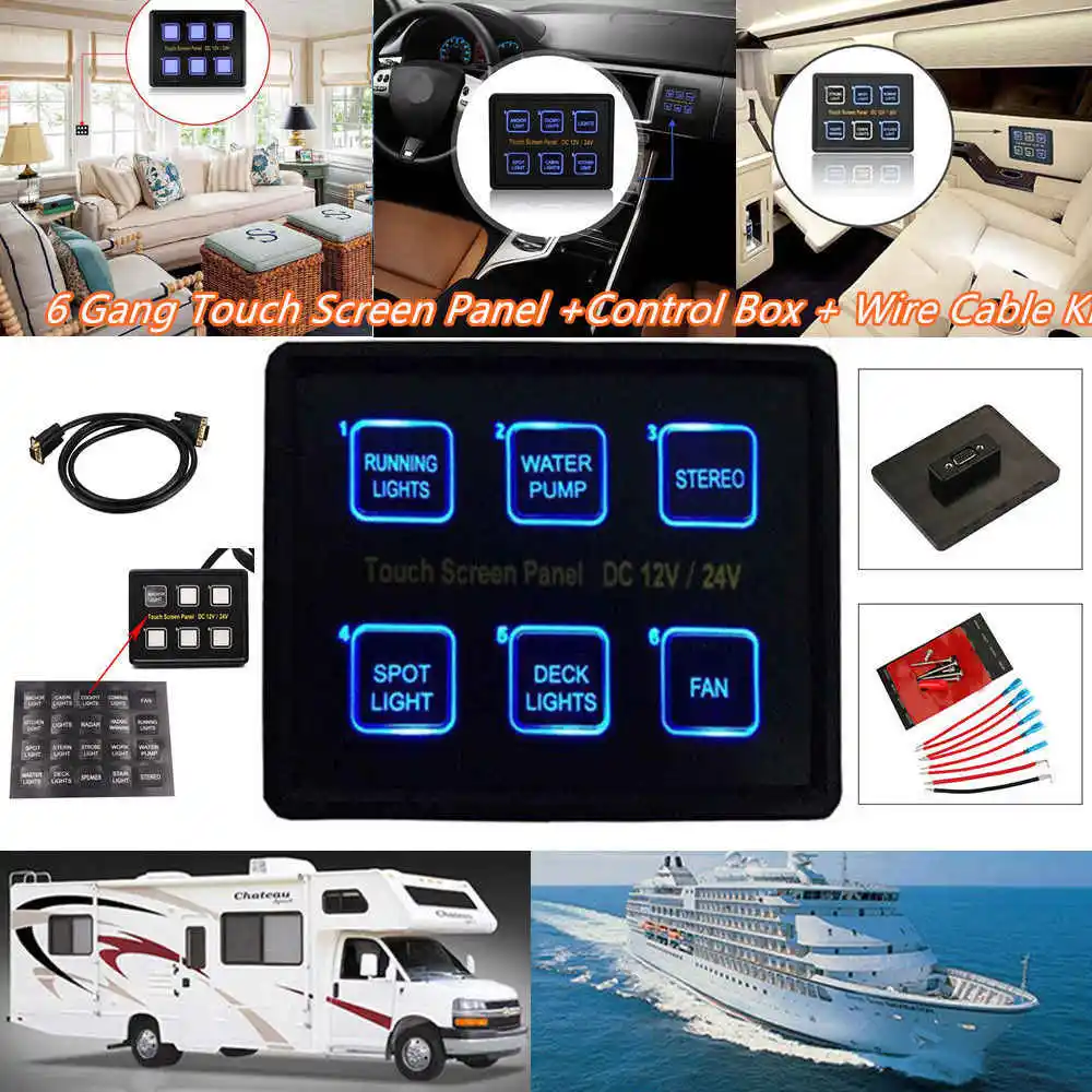 Panneau De Commutation 6 Broches à Écran Tactile LED 12V 24V IP66 Avec Câble USB - Pour Caravane, Camion, Voiture, Bateau, Yacht, RV