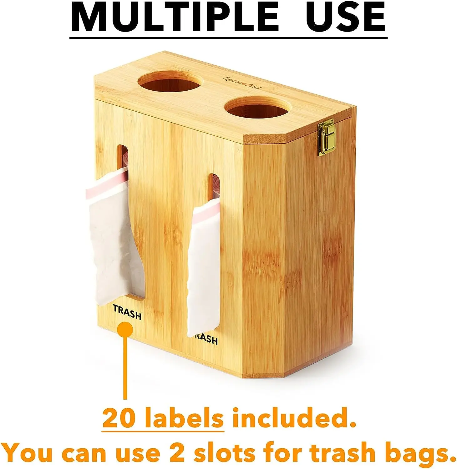 product 2 in 1 bamboo trash bag dispenser grocery bag holder cabinet wall mount plastic bag organizer large capacity under sink storage-2