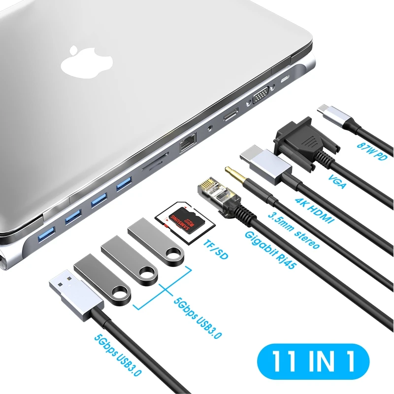 Док-станция для Macbook Тип C концентратор 11 в 1 взаимный обмен данными между компьютером и периферийными устройствами 3 0 USB PD 87 Вт RJ45 4K HDMI HDTV VGA кард-ридер