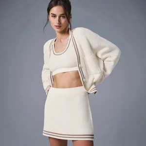 Autumn Style Women's Sports Cardigan Breathable Knitted Suit Shockproof Tops Tennis Skirts Striped Yoga Three-Piece Set