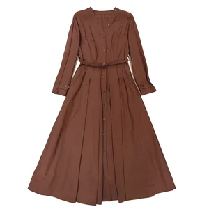 Customize Empire Waist High Street Autumn Women's V-Neck Button Front Belt Long Sleeve Brown Blue Maxi Dress Anti-Wrinkle A-Line