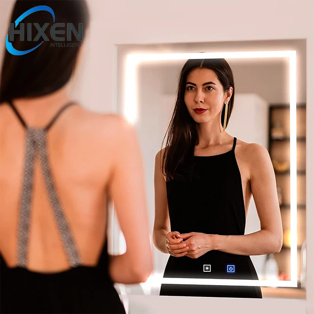 HIXEN simple design frameless rectangle touch screen bathroom smart led light mirror