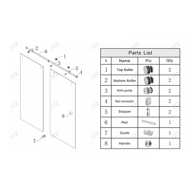KKZ SQ4  Igt Stainless Steel 304 Satin Brass Gold Shower Screen Roller Sliding Glass to Wall System