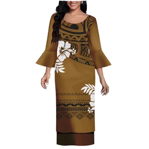Customize Style Eco-Friendly Casual Polynesian Tribal Printed Flare Sleeve Samoan Puletasi Maxi Two Piece Skirt Set Dresses