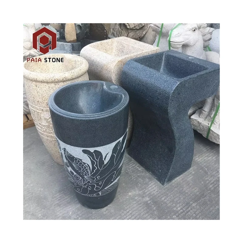 Hand Carved Modern Villa Decorative Garden Washing Customized Natural Black Marble Outdoor Pedestal Stone Sink with Drainer