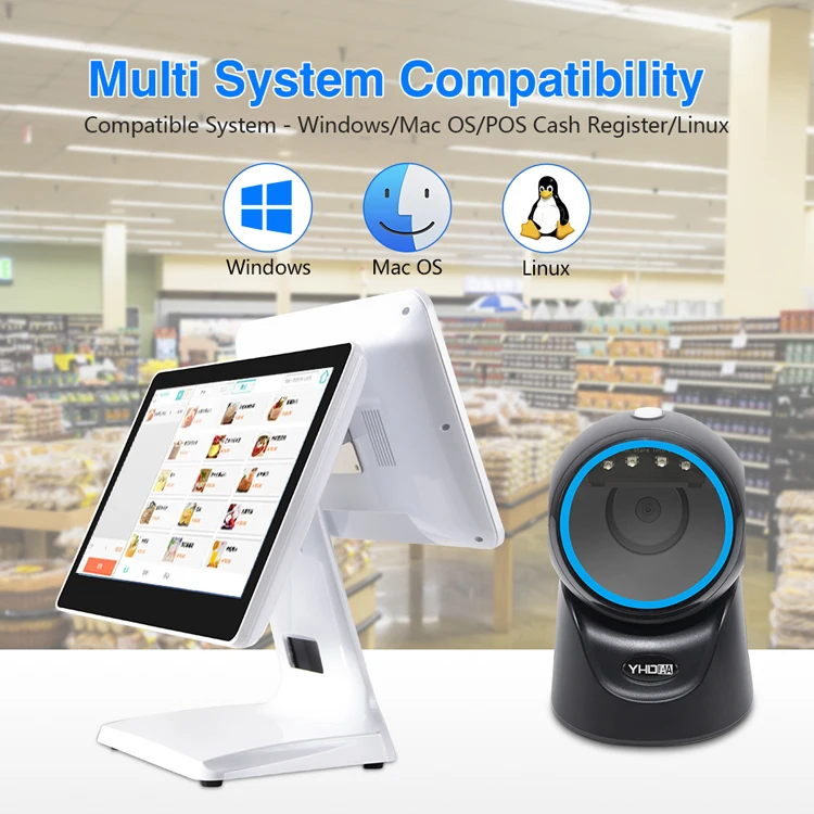 High Speed 360 Degree Auto Sense Scanning Barcode Reader USB 2D CMOS Qr Code Desktop Barcode Scanner for Supermarket