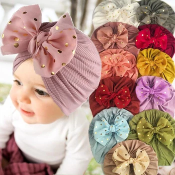 Solid Ribbed Turban Hat for Baby Boys Girls Chiffon Glod Dot Bowknot Beanies Infant Photo Props Newborn Caps Headwraps