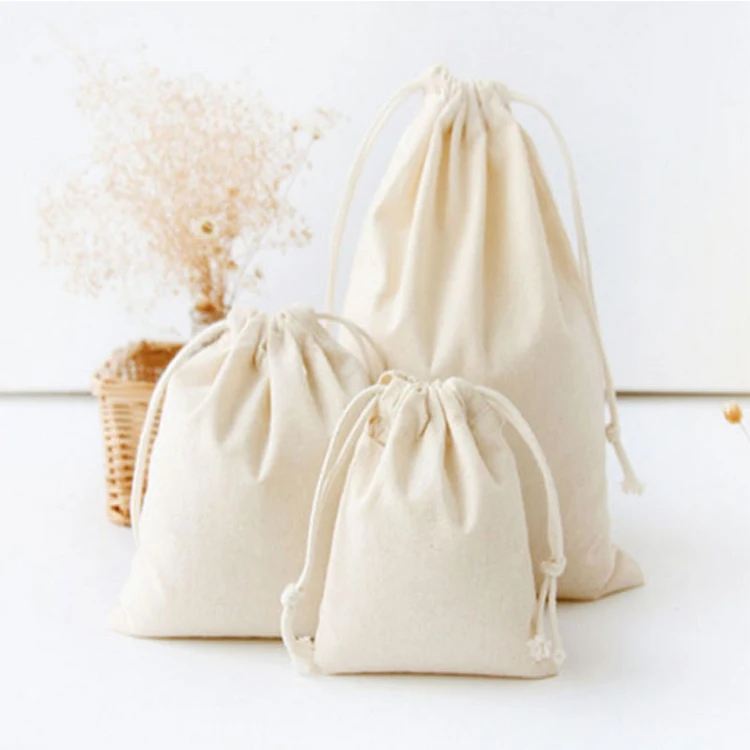 Custom Logo Small White Organic Canvas Bags Drawstring Cotton Bag