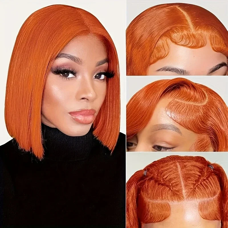 Ingwer-orangefarbene Bob-Perücke, transparente Spitze vorne, Echthaar-Perücken für Frauen, Remy-Haar_voghion.com