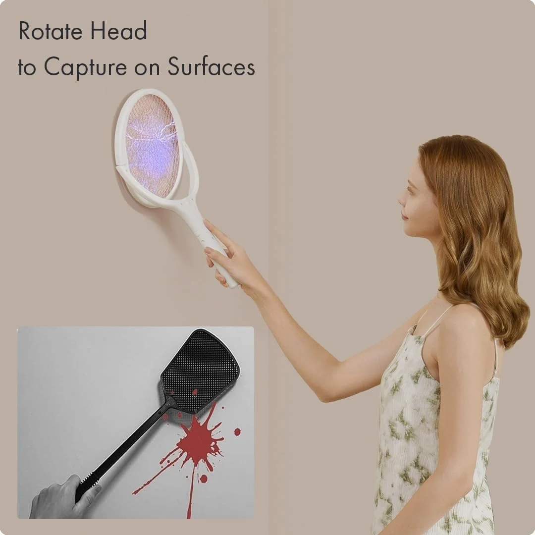 Multi-Function Rotating Head Electric Fly Swatter Racket Rechargeable Bug Zapper Racket with a Telescopic Extension for Indoors