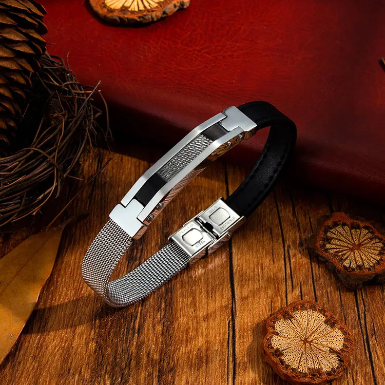 Wholesale Custom Design Good Quality Fine Jewelry Wire Stainless Steel Mesh Leather Bracelet for Men