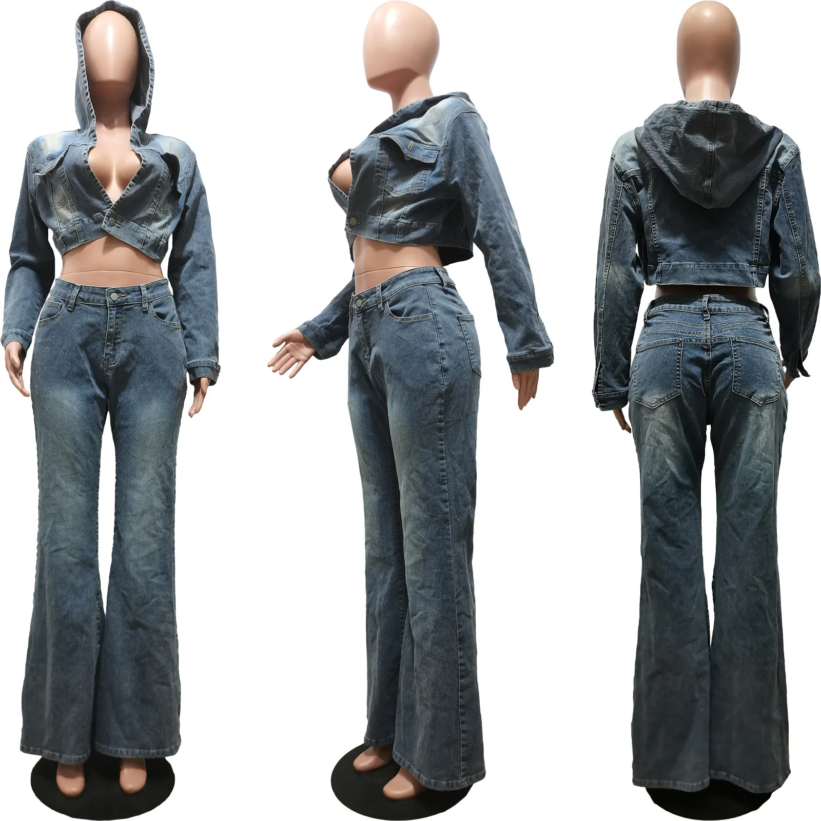 Trendy Women’s Denim Flared Pants Set with Cropped Jacket and High-Rise Jeans – Outfit for Casual Style