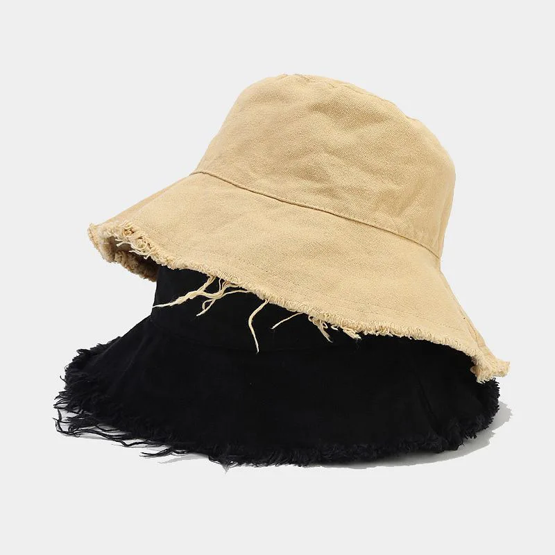 Custom logo frayed edge fisherman hats unisex washed cotton soft wide brim caps outdoor summer beach sun protection bucket hats