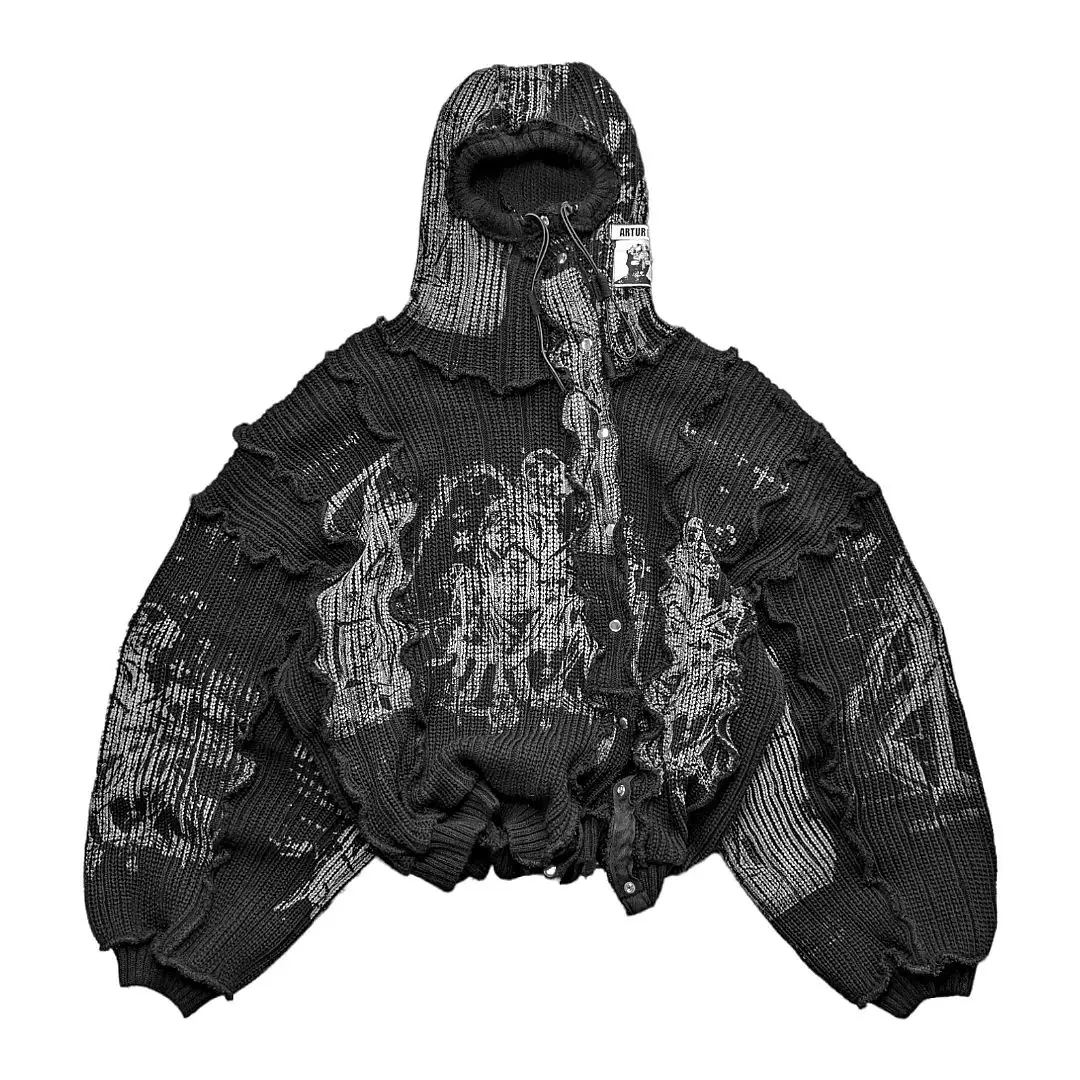 Salati Custom Y2K 460 GSM Cut and Sew Pullover Waffle Knitted Mask Ninja Oversized Acid Wash Hooded Sweatshirts Hoodies for Men gallery 4