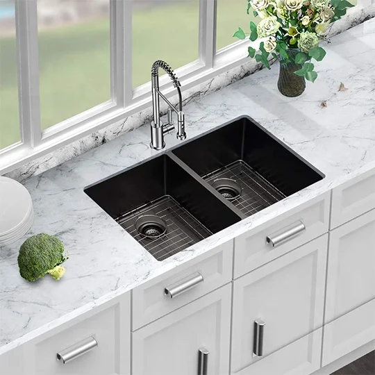 Double-bowl undermount sink installation view in a kitchen