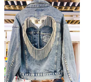 Denim Jacket Women's New Spring Fall 2023 Y2K Sequined Fringe Loose Slim Cropped Top Clothes Women