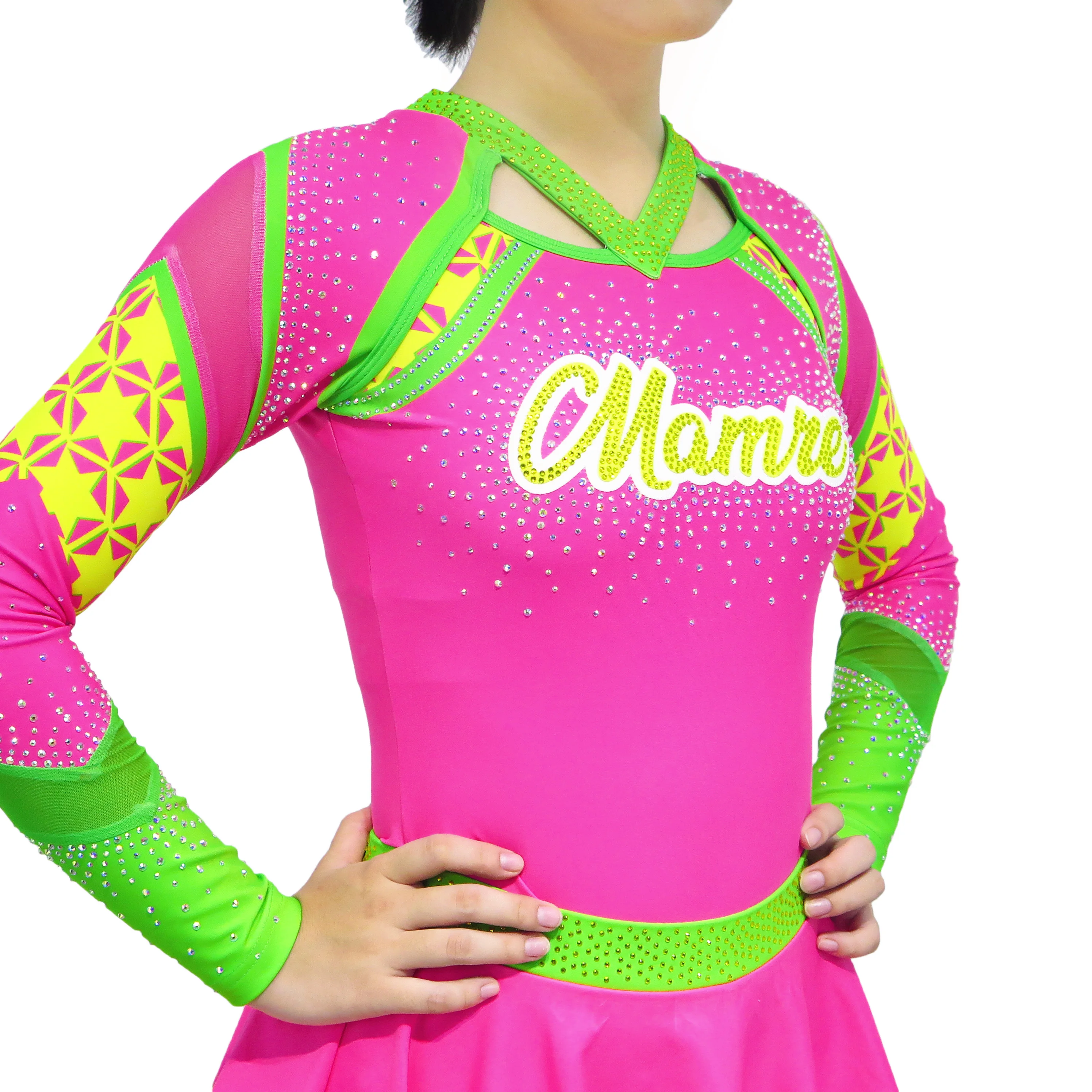 Pink Cheerleading Uniform with Mamre Print Colorful Design Team Competition Cheer Dance Performance Dress