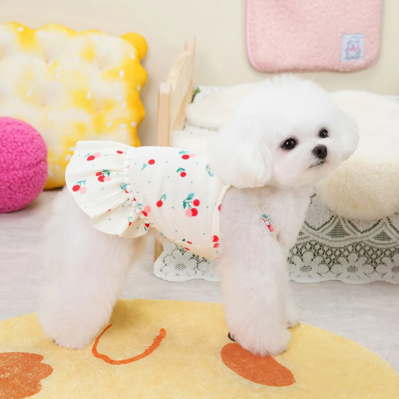 Cherry Flower Pattern Printing Cotton Pet Dog Summer Sling Tutu Skirt Dress for Spring and Fall Seasons