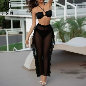 JSN 2026 Customized Solid New Fashionable Sexy Halter Neck Tie-Waist Three-Piece Bikini Set with Ruffles Pants for Women
