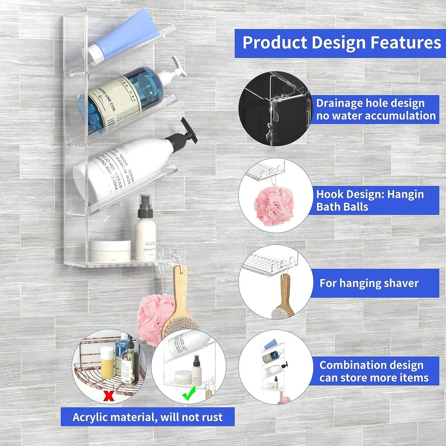 Clear Acryl Badkamer Organizer Douche Caddy Shampoo Houder Plank Aan De Muur Gemonteerd Met Zuignap Niet Boren En Roestvast