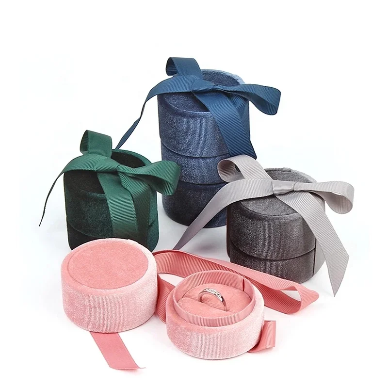 Elegant Mini Velvet Jewelry Box with Round Circle Ribbon  Premium Gift Packaging for Rings