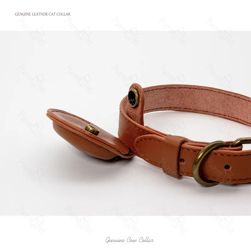 Drop Shipping Personalize Adjustable Small Pet Luxury Real Genuine Leather Airtag Cat Collar