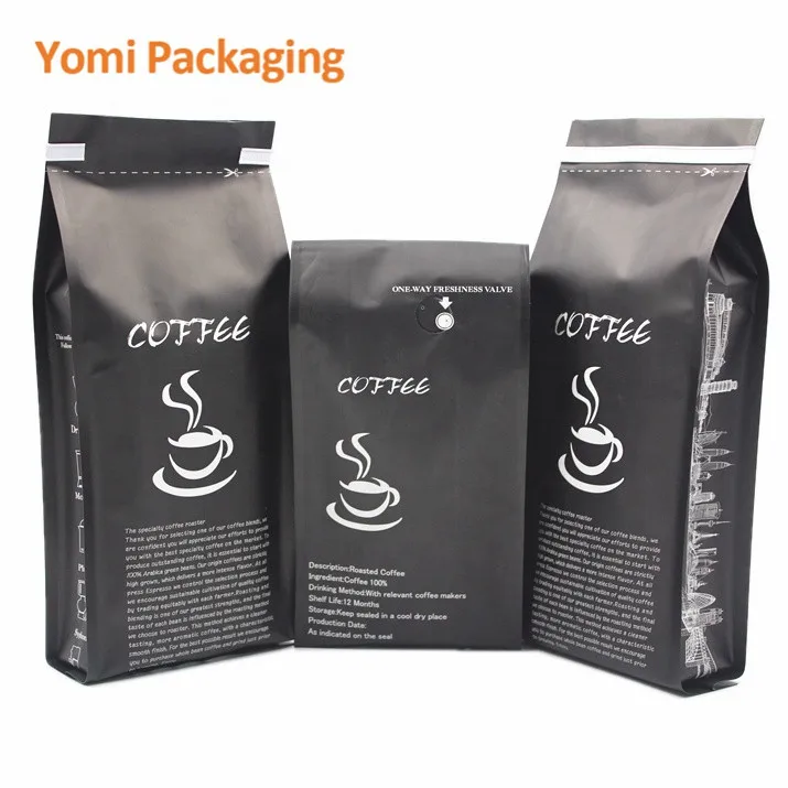 Digital Printing Free Sample Recyclable Flat BottomMatte Black Foil Coffee Bean Zipper Packaging Bags With Valve