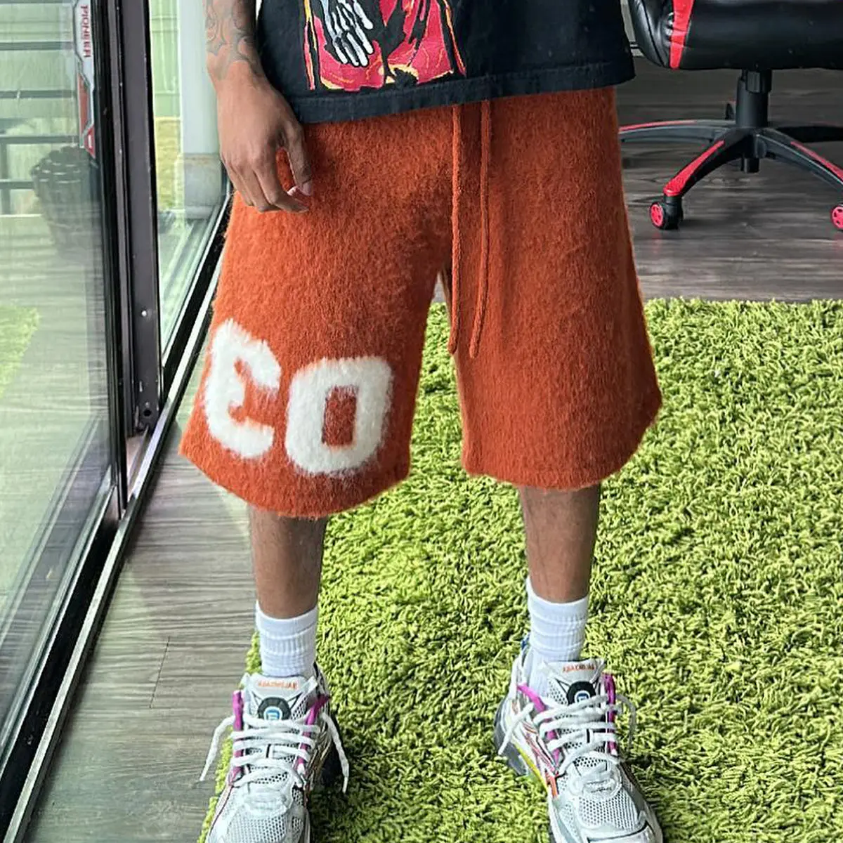 Custom Printed Logo Mohair Shorts Pants Drawstring Fuzzy Knit Streetwear Shorts for Men gallery 13
