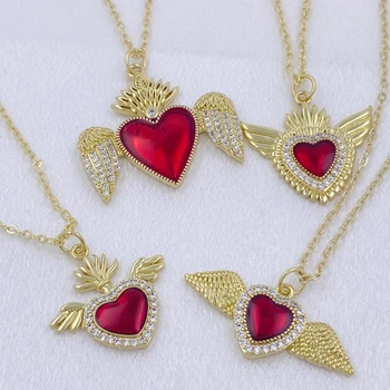New Design Red Glass Crystal Wing Angel Heart Shaped Pendant Thick Necklace Valentine's Day Gift