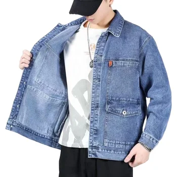 Fall High-End Denim Jacket Men'S Baggy Multi-Pocket Trend Matching Handsome Top Large Size Lapel Casual Jacket