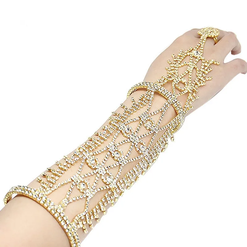 Women Crystal Rhinestone Hand Harness Bracelet Bangle Slave Chain Link Finger Ring Bracelet Weddingarabic wedding veil