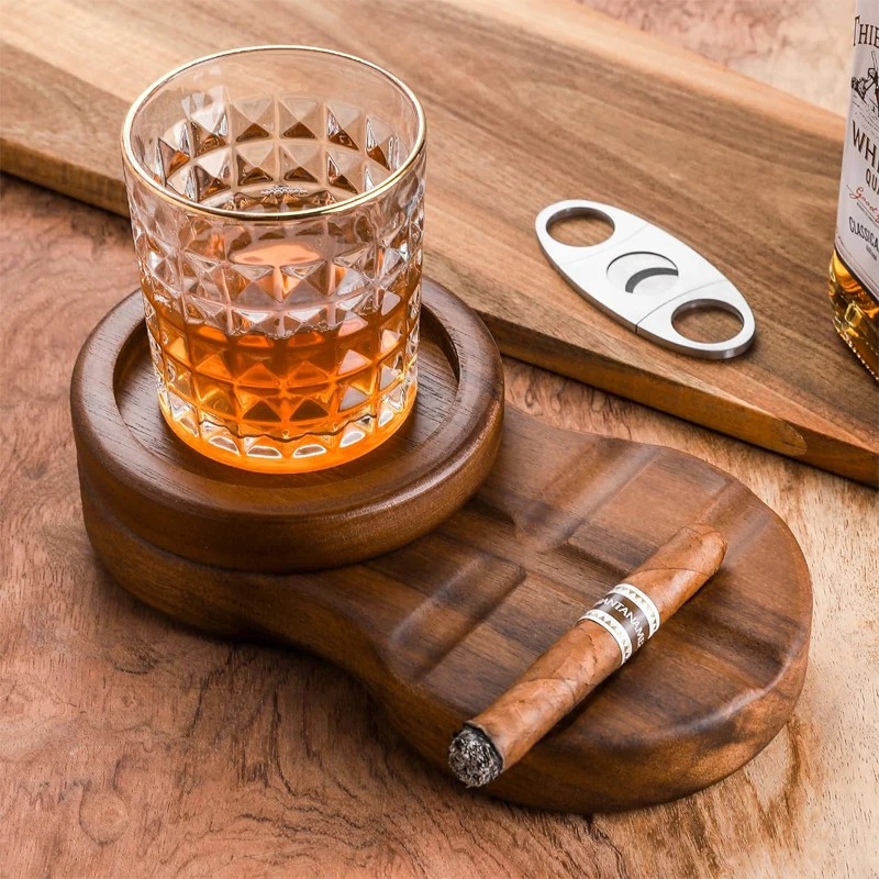 Whiskey Glass Tray And Cigar Holder Revolving Accessories With Slots To Hold Cigar T Wooden 1247