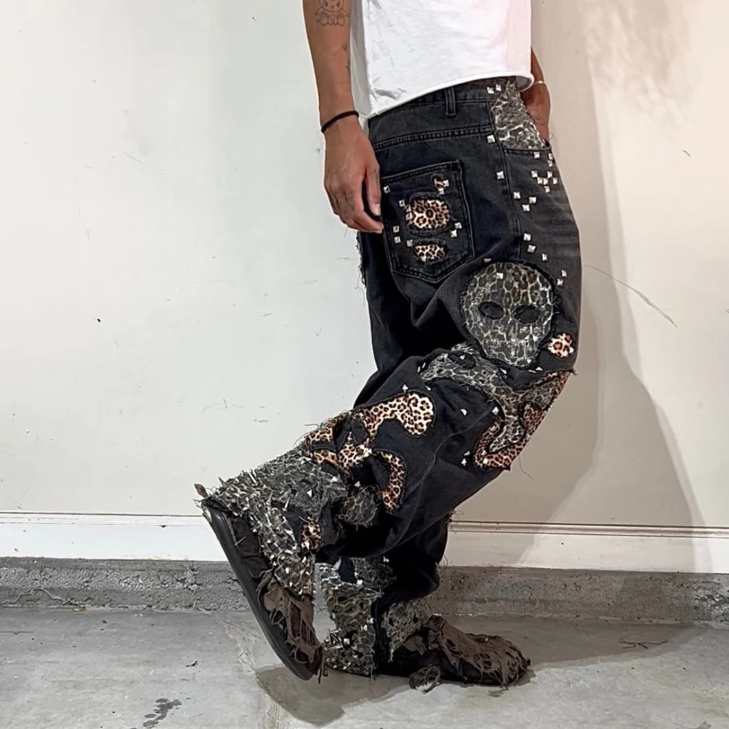 Salati Manufacturer Washed Stitching Spider Web Custom Denim Straight Leg Pants Baggy Jeans Man Men's Jeans Men gallery 2