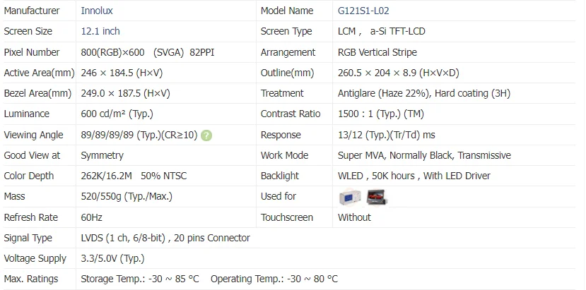 Innolux 12.1 inch 800x600 lcd panel high brightness lcd monitor 600nits digital signage and display G121S1-L02 details