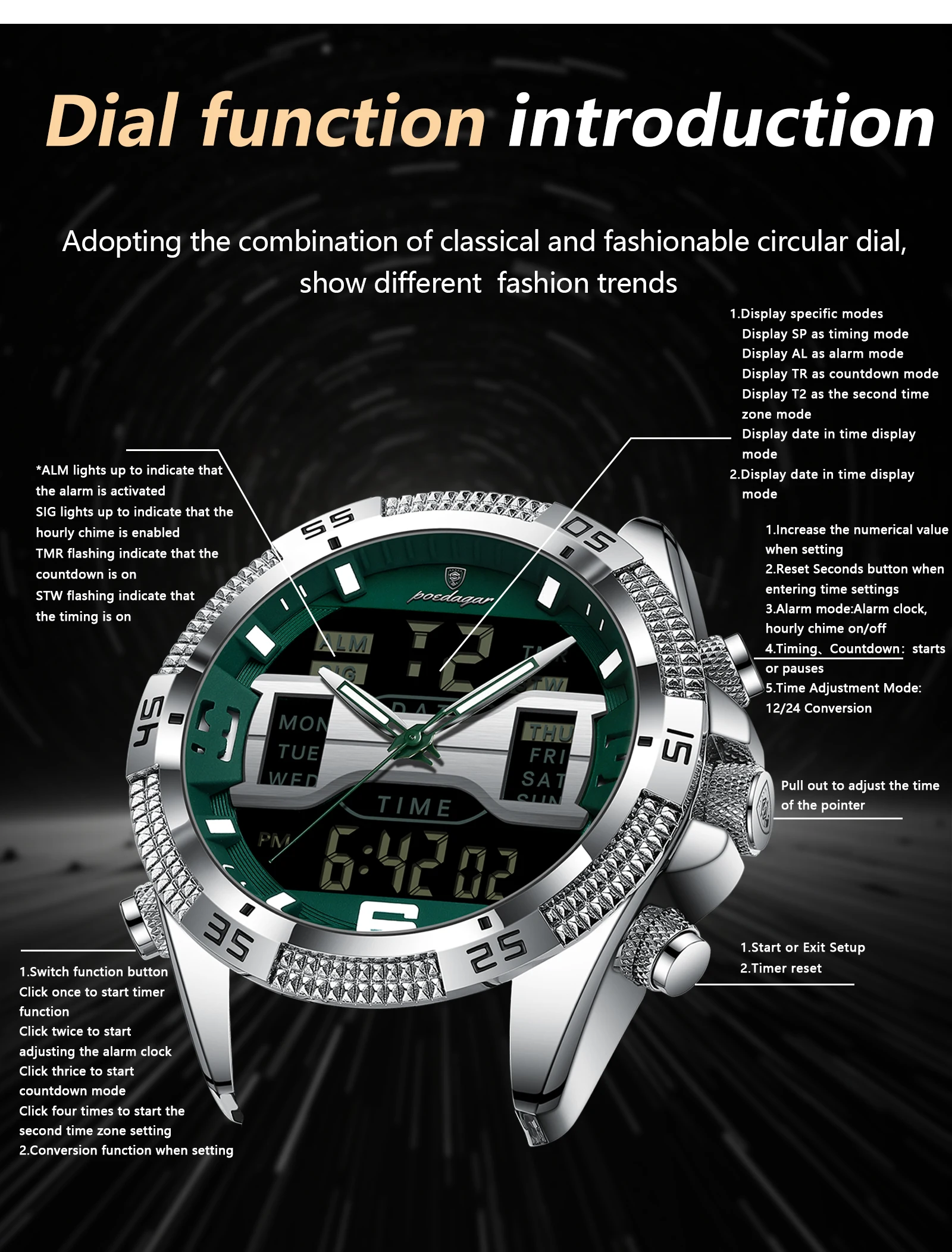POEDAGAR E103 Waterproof Clock LED Men's Date Week Fashion Wristwatch Stainless Steel Strap Sport Quartz Watches Digital Watches