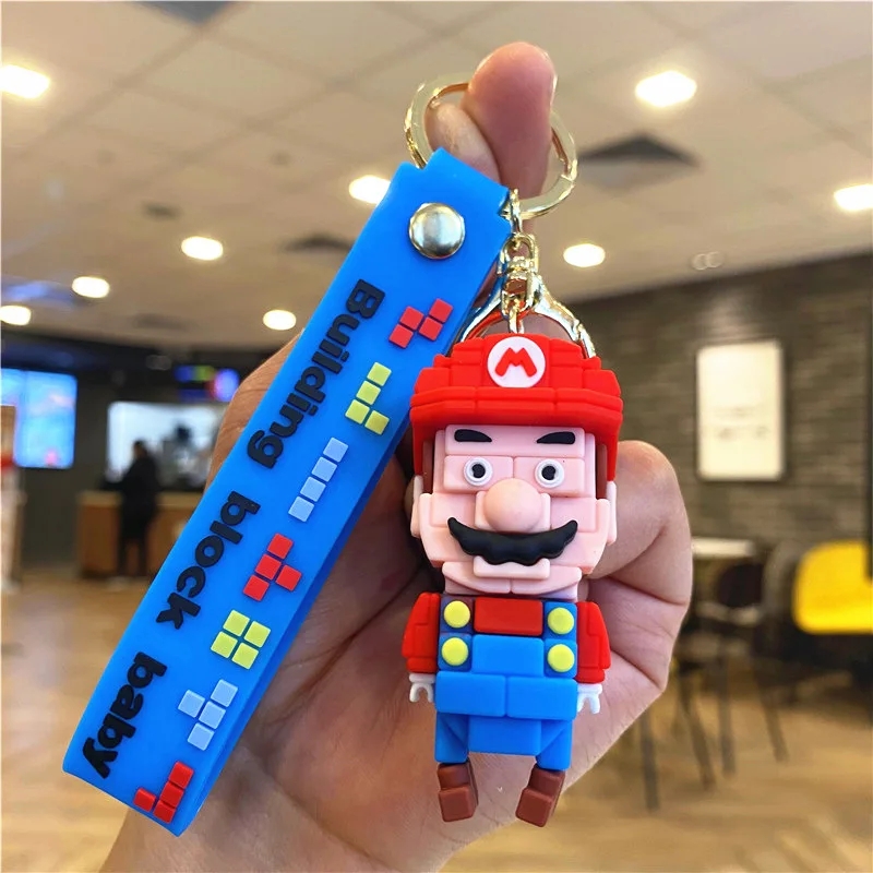 3D Cartoon Building Block Mario Keychain With Wrist Strap Wholesale Cute Car Key Chain Decorationsn Gift
