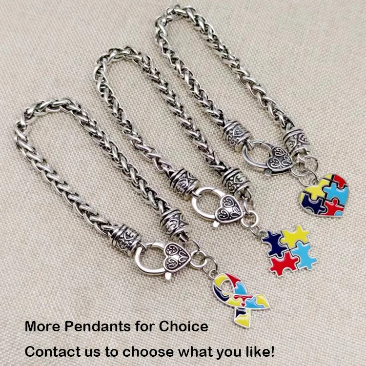 Autistic Awareness Chain Bracelet  with Autism Puazzle Pendant Antique Silver Plating for Gift Bangle Chain